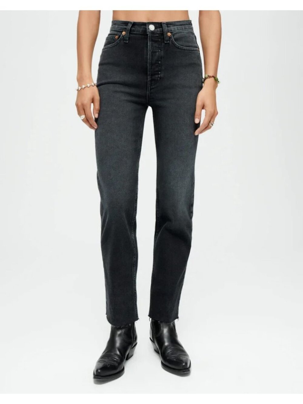 RE/DONE Women 70s Stove Pipe High Rise Washed Noir Denim Jeans Black Size 31 NEW